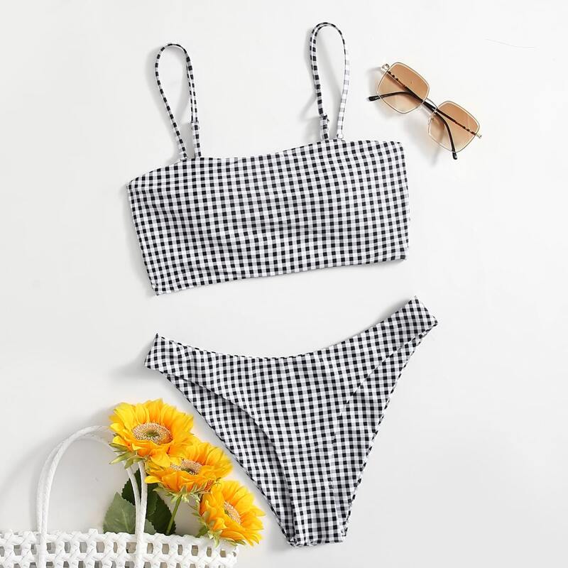 

Gingham High Cut Bikini Swimsuit, Black and white