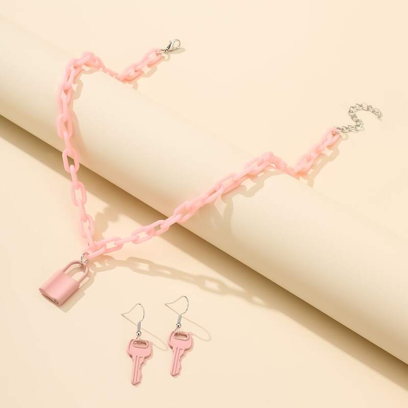 

3pcs Lock & Key Jewelry Set, Baby pink