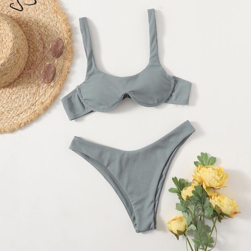 

Solid High Cut Bikini Swimsuit, Grey
