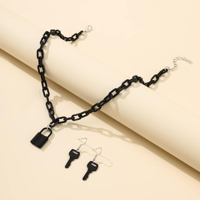 

3pcs Lock & Key Jewelry Set, Black
