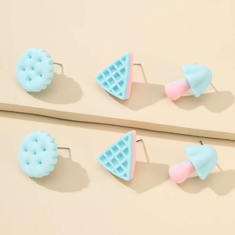 

3pairs Mushroom & Cookies Drop Earrings, Baby blue
