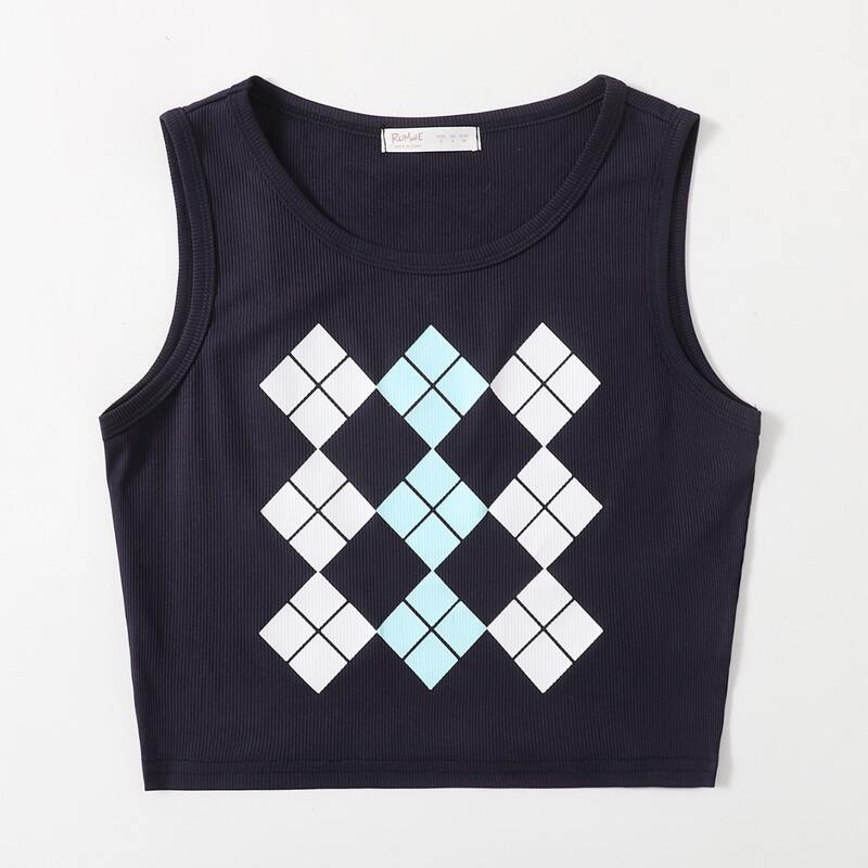

Geo Print Crop Tank Top, Navy blue