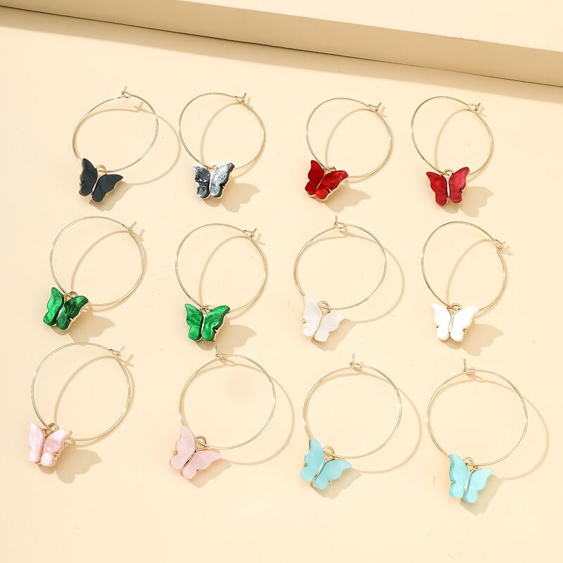 

6pairs Butterfly Charm Hoop Earrings, Multicolor