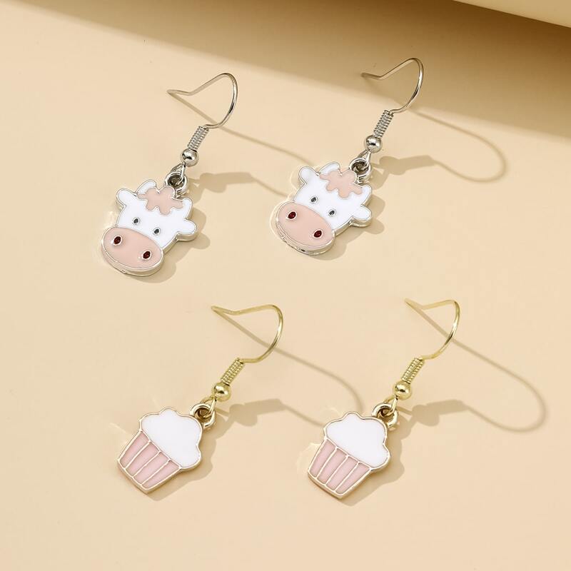 

2pairs Cartoon Cow & Cake Drop Earrings, Multicolor