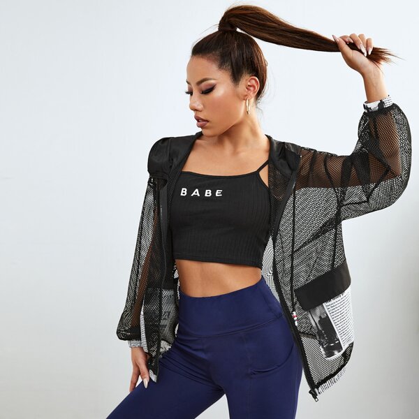 

Drop Shoulder Flap Pocket Sheer Mesh Jacket, Black