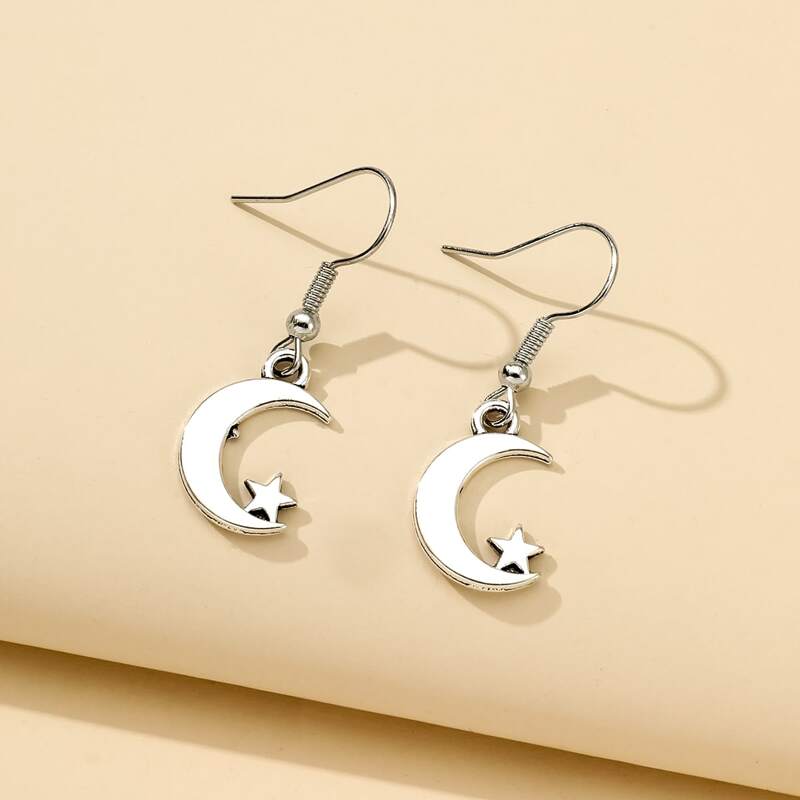 Moon & Star Drop Earrings, Silver
