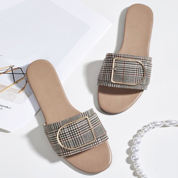 

Metal Decor Plaid Slide Sandals, Multicolor