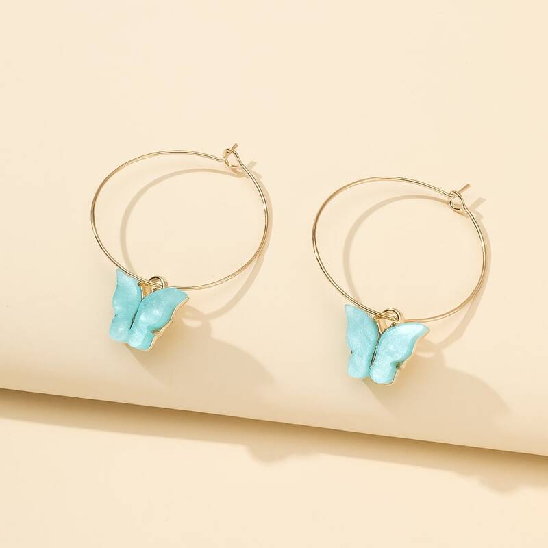 

Butterfly Charm Hoop Earrings, Baby blue