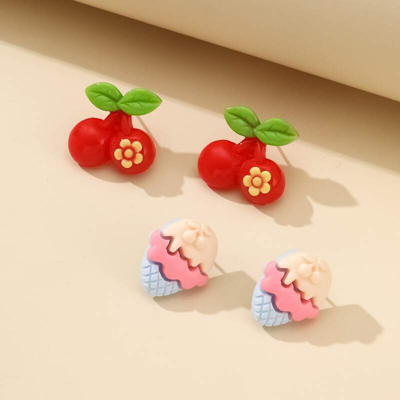 

2pairs Ice Cream & Cherry Stud Earrings, Multicolor