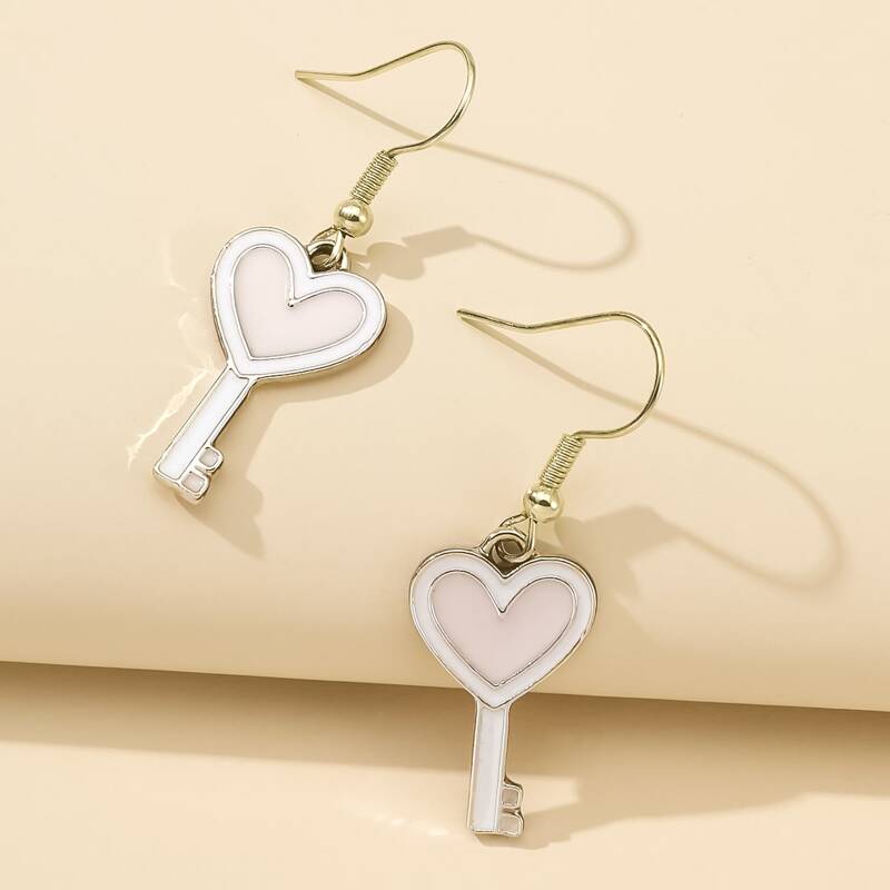 

Heart Key Drop Earrings, Baby pink