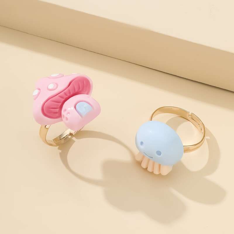 

2pcs Cartoon Mushroom & Octopus Ring, Multicolor