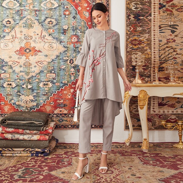 

Flounce Sleeve High-low Hem Embroidery Detail Top & Pants Set, Grey