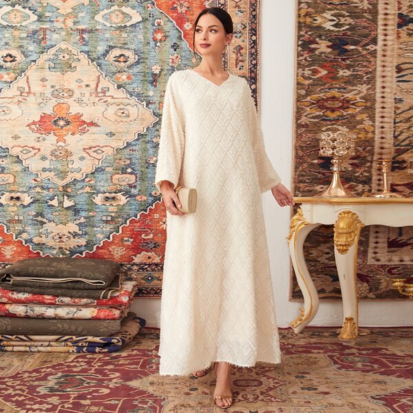 

V-neck Bell Sleeve Textured Dress, Beige