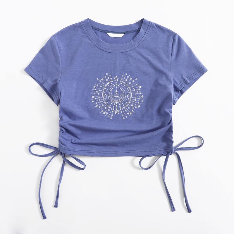 

Star & Moon Graphic Drawstring Crop Tee, Blue