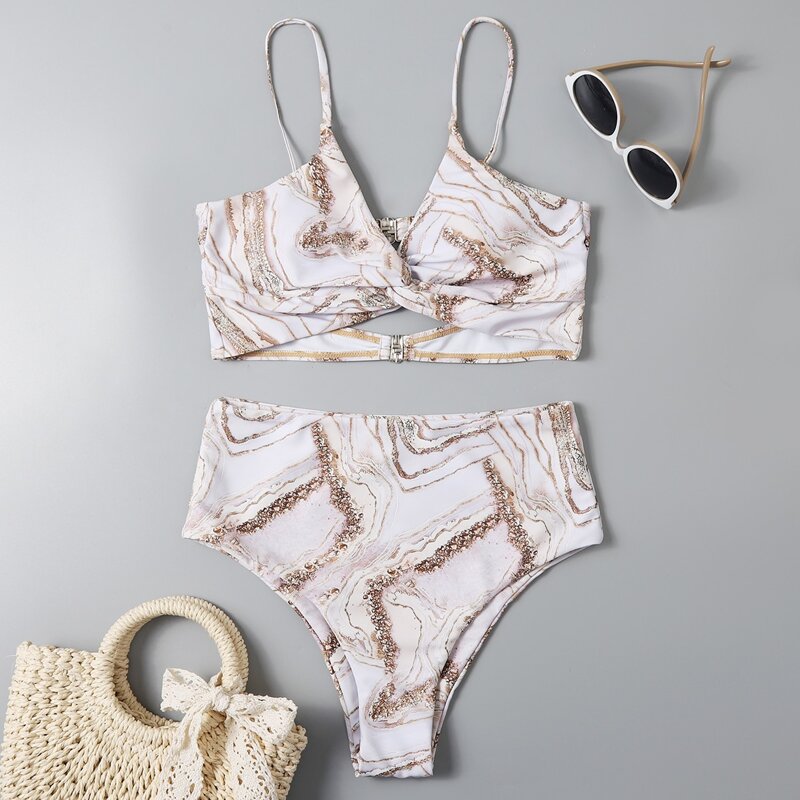 

Marble Pattern Twist Bikini Swimsuit, Multicolor