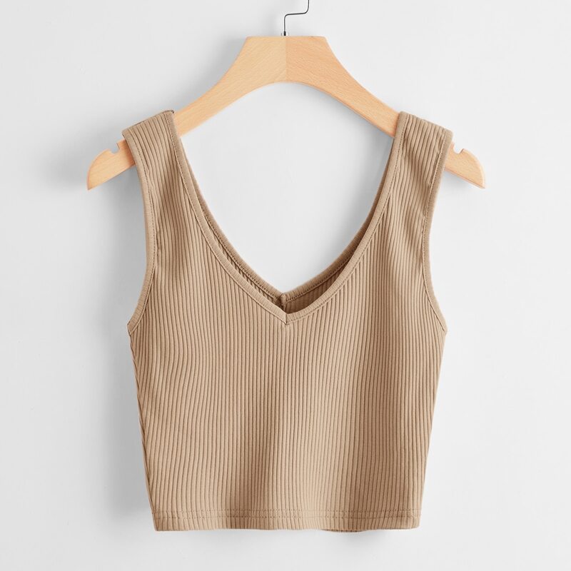 

Solid Ribbed Tank Top, Khaki