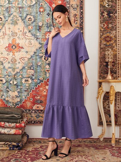 Al Najma Batwing Sleeve Ruffle Hem Solid Dress, Modest