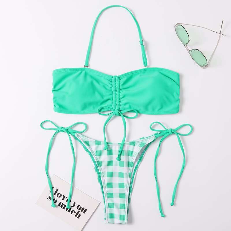 

Gingham Drawstring Tie Side Bikini Swimsuit, Mint green