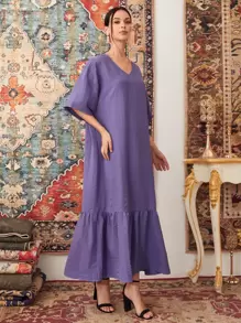 Al Najma 蝙蝠袖荷葉邊下擺素色連衣裙