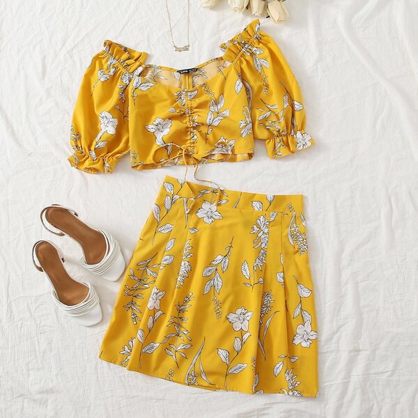 

Drawstring Knot Floral Print Top & Skirt Set, Yellow