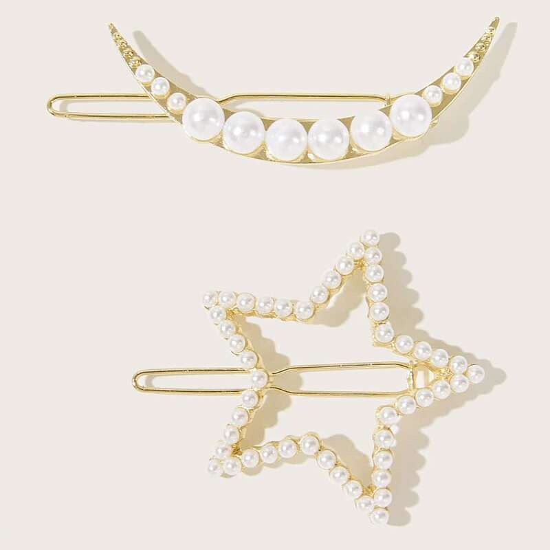 

2pcs Faux Pearl Moon & Star Hair Clip, Gold