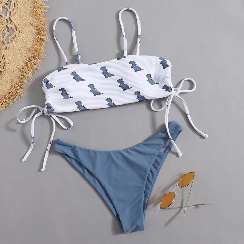 

Cartoon Dinosaur Graphic Drawstring High Cut Bikini Swimsuit, Multicolor