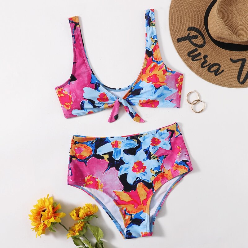 

Flower Graphic Knot High Waist Bikini Swimsuit, Multicolor