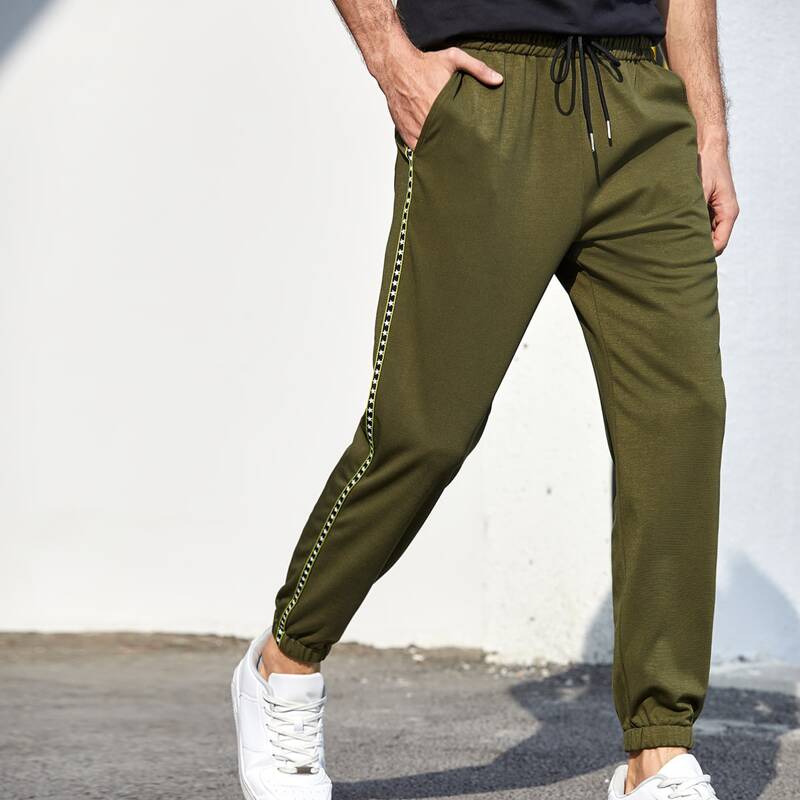 

Guys Drawstring Waist Tape Panel Sweatpants, Army green