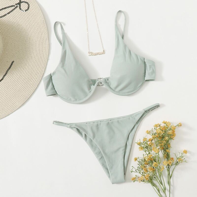 

Solid Push Up Thong Bikini Swimsuit, Mint green