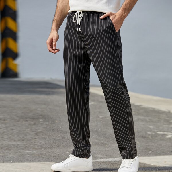 

Men Striped Drawstring Waist Pants, Black