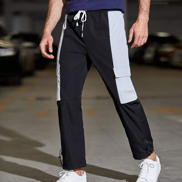 

Men Contrast Panel Side Flap Pocket Drawstring Cargo Pants, Black
