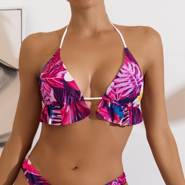 

Tropical Ruffle Halter Bikini Top, Multicolor