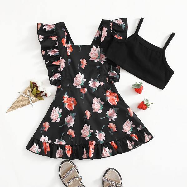 

Toddler Girls Cami Top & Floral Print Suspender Dress, Black