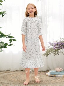 SHEIN 女孩荷葉邊布點點花卉睡衣 - 白色 - 查看 3