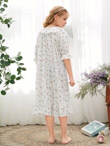 SHEIN 女孩荷葉邊布點點花卉睡衣 - 白色 - 查看 2