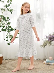 SHEIN 女孩荷葉邊布點點花卉睡衣 - 白色 - 查看 1