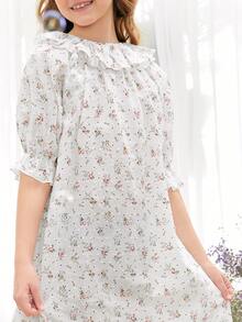 SHEIN 女孩荷葉邊布點點花卉睡衣 - 白色 - 查看 4