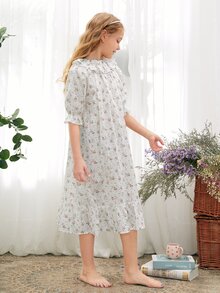 SHEIN 女孩荷葉邊布點點花卉睡衣 - 白色 - 查看 5