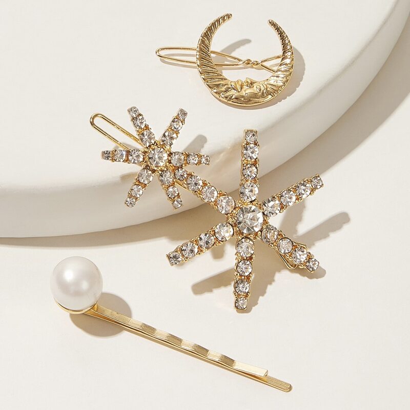 

3pcs Faux Pearl & Rhinestone Hair Clip, Gold