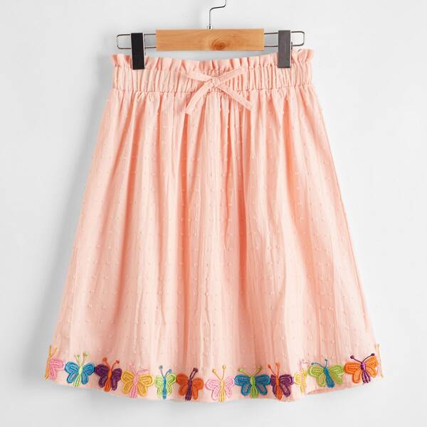 

Girls Paperbag Waist Butterfly Patched Swiss Dot Skirt, Baby pink