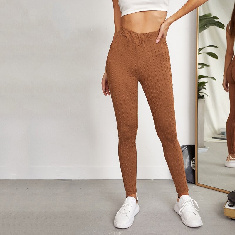 

Overlap Waist Textured Solid Leggings, Brown