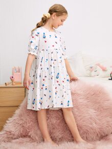 SHEIN 女孩荷葉邊袖多層次下擺卡通圖案睡衣