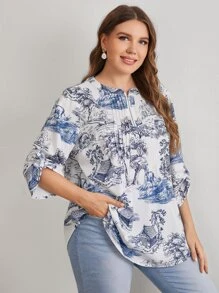 EMERY ROSE 大碼拉鏈半開襟捲邊邊袖風景上衣 - 藍白色 - 查看 2