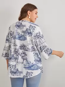 EMERY ROSE 大碼拉鏈半開襟捲邊邊袖風景上衣 - 藍白色 - 查看 3