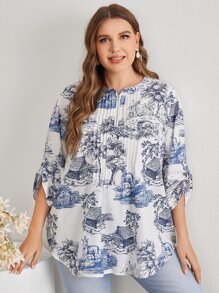 EMERY ROSE 大碼拉鏈半開襟捲邊邊袖風景上衣 - 藍白色 - 查看 4