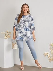 EMERY ROSE 大碼拉鏈半開襟捲邊邊袖風景上衣 - 藍白色 - 查看 5