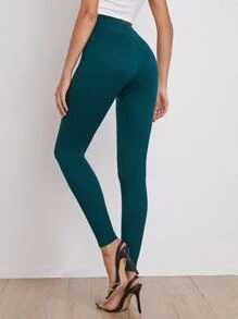 Mulvari Elastic Waist Solid Leggings - Teal Blue - View 2