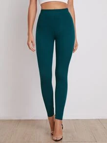 Mulvari Elastic Waist Solid Leggings - Teal Blue - View 4