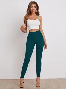 Mulvari Elastic Waist Solid Leggings - Teal Blue - View 5