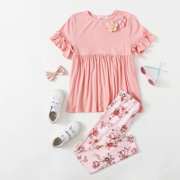 

Girls Ruffle Cuff 3D Applique Top & Floral Leggings Set, Pink